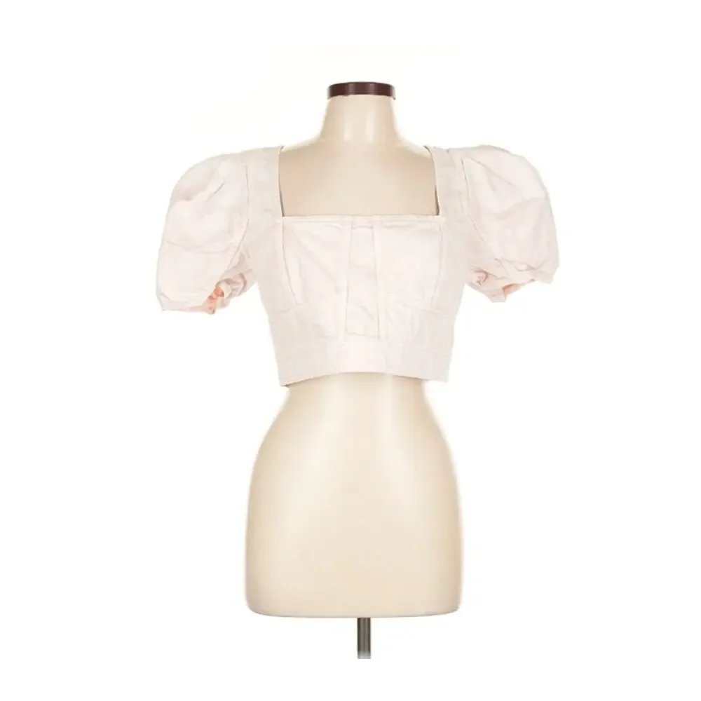 Ulla Johnson Size 12 Renee Denim Bustier Puff Sleeve Crop Top Sweetbriar Blush